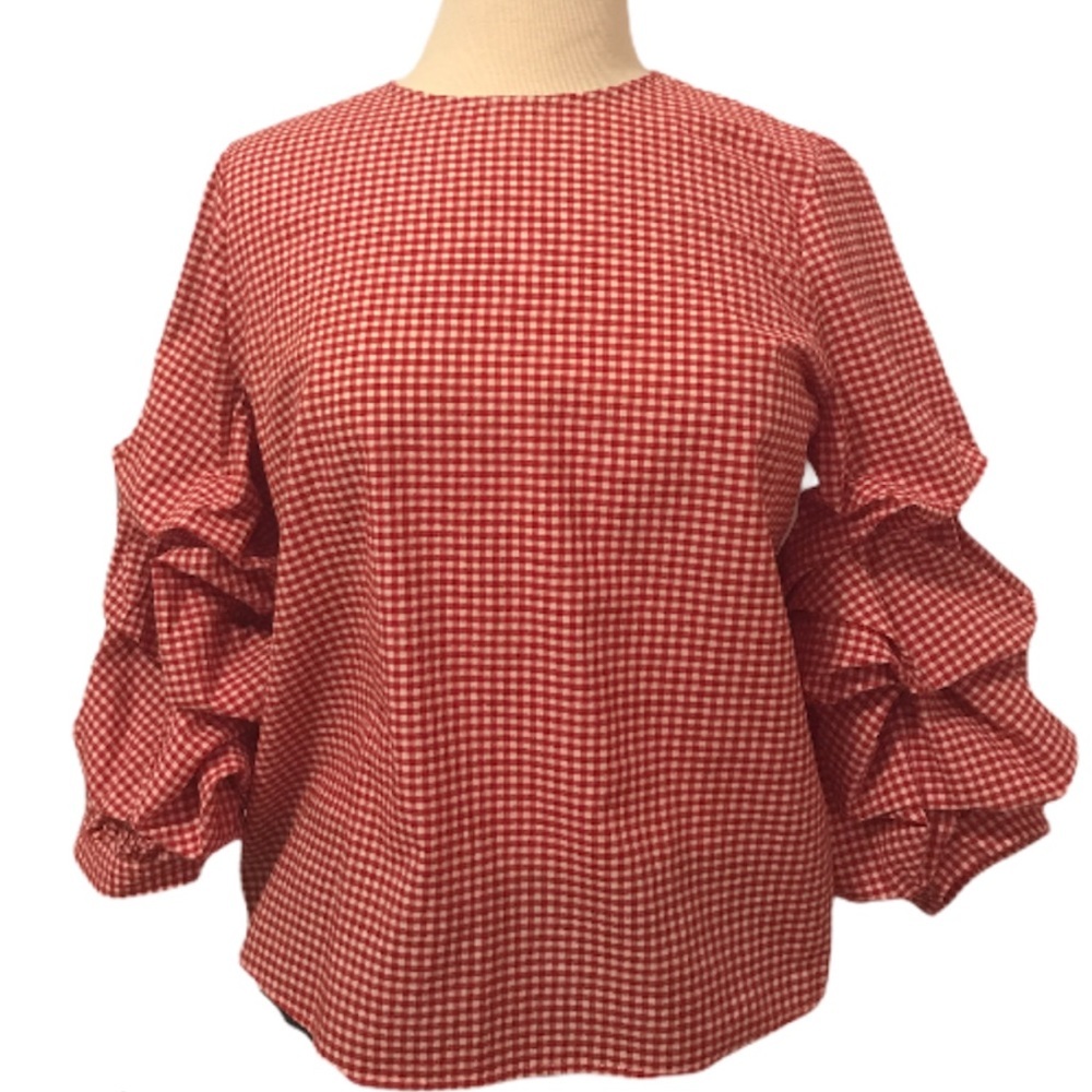 Red Check Ruffle Sleeve Top